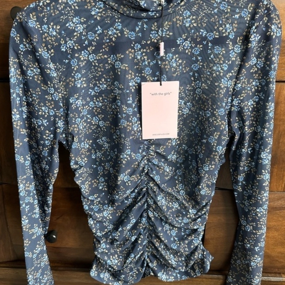 AVEC LES FILLES Mesh Navy Floral Mock-Neck Long Sleeve Top SMALL - Picture 2 of 2